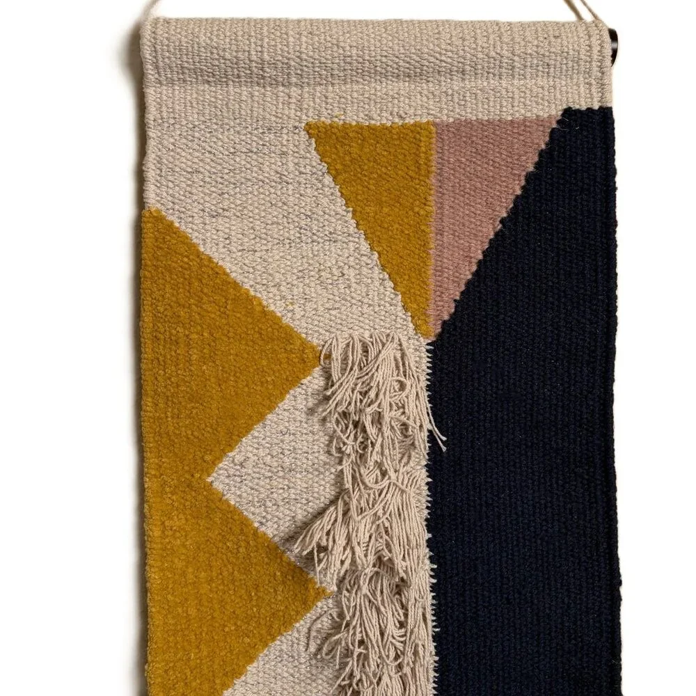 Anthropologie Boho Textured Geometric Wall Tapestry | Neutral + Navy Accents